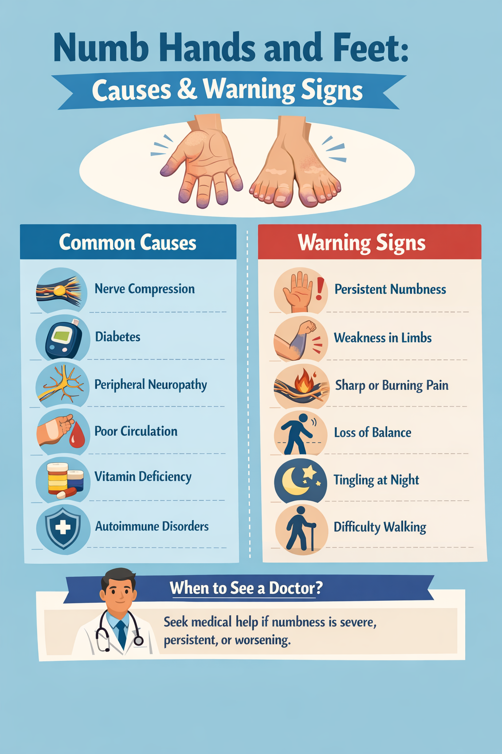 numb hands and feet causes and warning signs infographic