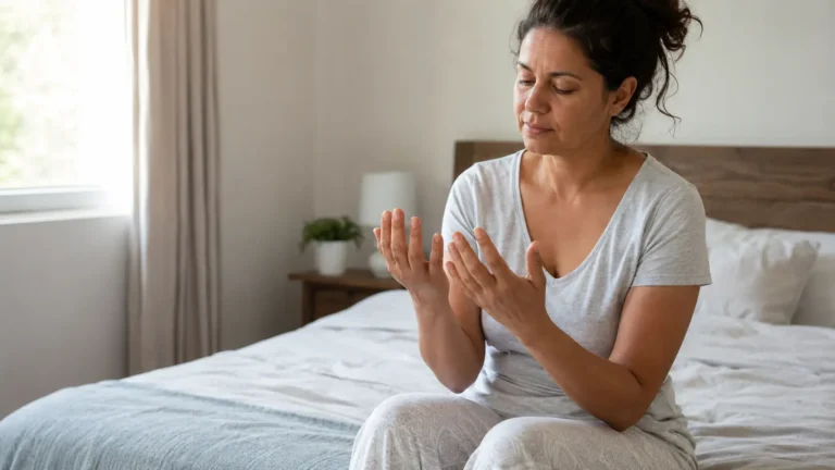 Woman sitting on a bed and examining mildly puffy hands after waking