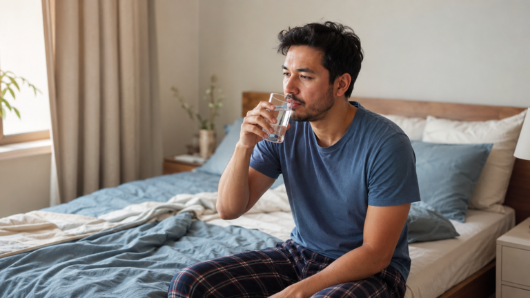 Woman waking up with dry mouth and nasal congestion while holding water